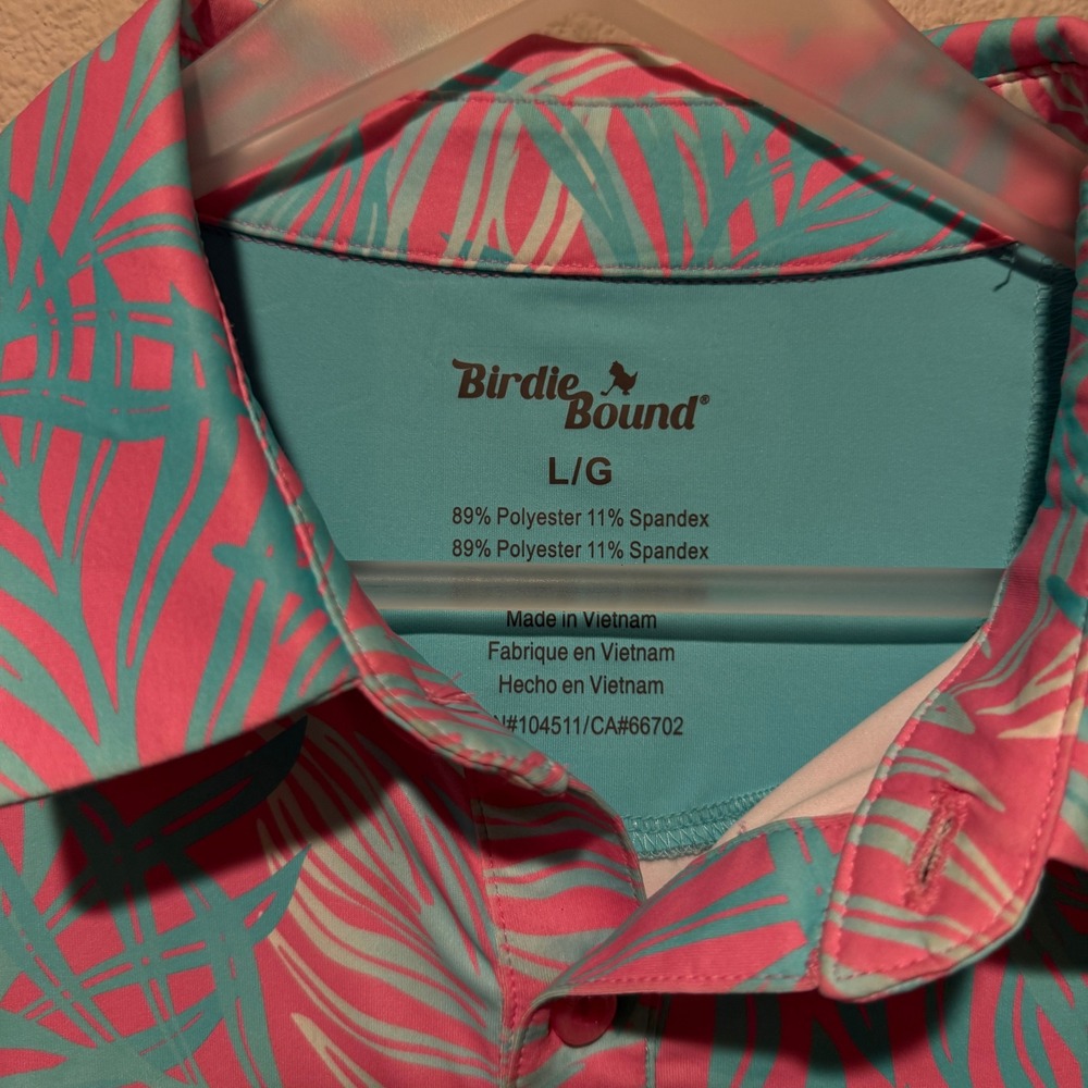 Birdie & Bound Mens L G Tropical Palm Leaf Golf Polo‎ Shirt Pink Teal - Picture 2 of 4